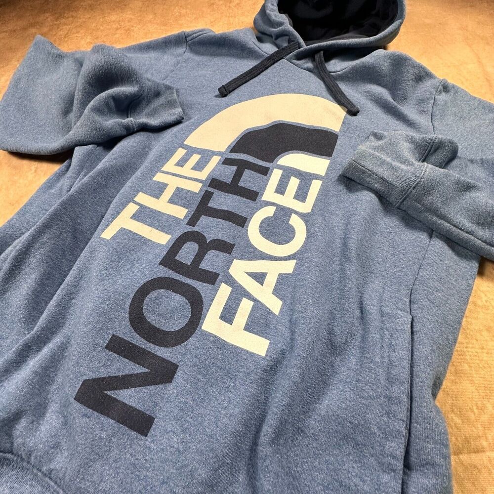 The North Face Hoodie Mens Large Blue Big Spellout Logo Hiking Outdoors Gorpcore